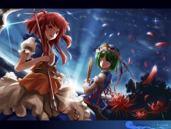 Rule 34 | 2girls, blue eyes, female focus, green hair, hair bobbles, hair ornament, hat, highres, letterboxed, mikan (bananoha), multiple girls, onozuka komachi, red eyes, red hair, rod of remorse, scythe, shiki eiki, short hair, star (sky), touhou, twintails, two side up, wallpaper