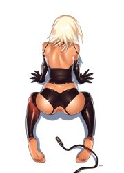 Rule 34 | 1girl, a2 (nier:automata), all fours, anus, ass, bad id, bad tumblr id, bare shoulders, barefoot, black gloves, black thighhighs, blonde hair, cable, commentary, corset, crotchless, elbow gloves, feet, full body, garter belt, gloves, highres, imminent anal, imminent penetration, nier:automata, nier (series), optionaltypo, shiny clothes, short hair, simple background, soles, solo, thighhighs, toeless legwear, toes, uncensored, whip, white background, white hair