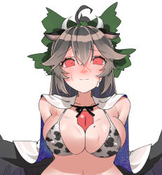 Rule 34 | 1girl, absurdres, ahoge, animal print, bad id, bad twitter id, bikini, bow, breasts, cleavage, closed mouth, cow horns, cow print, green bow, hair bow, hair flaps, highres, horns, large breasts, long hair, ninniku (mfu7324), red eyes, reiuji utsuho, simple background, smile, solo, starry sky print, sweat, swimsuit, third eye, touhou, upper body, white background