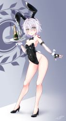 Rule 34 | 1girl, absurdres, animal ears, arm belt, bandaged arm, bandages, bare shoulders, black gloves, black leotard, bottle, bow, bowtie, breasts, covered navel, cup, curvy, drinking glass, facial scar, fake animal ears, fate/apocrypha, fate/grand order, fate (series), fingerless gloves, full body, gloves, green eyes, high heels, highleg, highleg leotard, highres, jack the ripper (fate/apocrypha), legs, leotard, looking at viewer, miyabi urumi, open mouth, playboy bunny, rabbit ears, rabbit tail, scar, scar across eye, scar on cheek, scar on face, shiny skin, short hair, shoulder tattoo, single glove, small breasts, solo, tail, tattoo, tray, white hair, wine bottle, wine glass, wrist cuffs