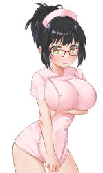 Rule 34 | 1girl, aimobake, black hair, blush, breast hold, breasts, competition swimsuit, cowboy shot, dress, dress tug, glasses, hat, highres, idolmaster, idolmaster cinderella girls, kamijo haruna, large breasts, light frown, looking at viewer, microdress, nurse, nurse cap, one-piece swimsuit, parted lips, pink dress, pink hat, red-framed eyewear, short hair, short ponytail, simple background, solo, standing, swimsuit, white background, yellow eyes