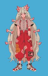 Rule 34 | 1girl, absurdly long hair, blue background, bow, closed mouth, collared shirt, dress shirt, frown, fujiwara no mokou, full body, grey hair, hair bow, hands in pockets, highres, jean (jean sp), long hair, looking at viewer, multicolored footwear, pants, print pants, puffy pants, red eyes, red footwear, red pants, shirt, shoes, short sleeves, simple background, sneakers, solo, suspenders, touhou, very long hair, white footwear, white shirt