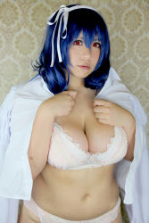 Rule 34 | blue hair, bra, breasts, chouzuki maryou, cosplay, hairband, large breasts, lingerie, photo (medium), plump, red eyes, seikon no qwaser, thick thighs, thighhighs, thighs, underwear, yamanobe tomo