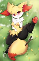 Rule 34 | 1girl, absurdres, animal ears, animal hands, artist name, blush, braixen, breasts, creatures (company), feet, female focus, fox ears, fox tail, from above, full body, furry, furry female, game freak, gen 6 pokemon, grass, green background, hand on own chest, hand up, highres, leg lift, looking at viewer, lying, medium breasts, nintendo, nipples, nude, on back, outdoors, pokemon, pokemon (creature), pokemon rse, pussy, raised eyebrow, red eyes, simple background, smile, solo, spread legs, stick, sunlight, tail, teeth, teranen, text focus, uncensored, watermark