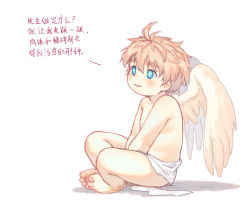 Rule 34 | 1boy, angel, angel wings, barefoot, blonde hair, blue eyes, bokustar fox, chinese text, highres, loincloth, male focus, original, simple background, sitting, smile, solo, white background, wings