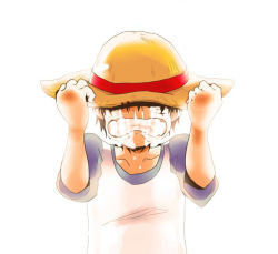 Rule 34 | 1boy, aged down, child, crying, east blue, hand on headwear, hat, hat over eyes, male focus, monkey d. luffy, one piece, raglan sleeves, simple background, solo, straw hat, tears, teeth