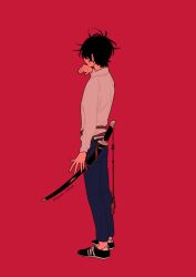 Rule 34 | 1boy, black footwear, black hair, black pants, collared shirt, from behind, from side, full body, hand on own chin, hand up, katana, looking ahead, male focus, messy hair, original, pants, red background, sen 46, sheath, sheathed, shirt, shoes, simple background, sneakers, solo, sword, weapon