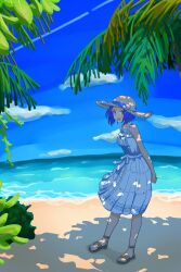 Rule 34 | 1girl, absurdres, branch, bush, cloud, collarbone, dappled sunlight, dress, eco (rzgs7543), full body, hat, highres, idolmaster, looking at viewer, miura azusa, open mouth, outdoors, palm tree, red eyes, sandals, short hair, solo, straw hat, summer, sunlight, tree, white dress