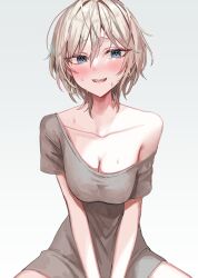 Rule 34 | 1girl, absurdres, anastasia (idolmaster), blush, breasts, cleavage, collarbone, full-face blush, grey shirt, heart, heart-shaped pupils, highres, idolmaster, idolmaster cinderella girls, looking at viewer, medium breasts, own hands together, rum raisin (chihiromakita19), shirt, simple background, single bare shoulder, smile, solo, sweatdrop, symbol-shaped pupils, teeth, upper teeth only, white background, white hair