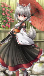 Rule 34 | 1girl, animal ears, bamboo, bamboo forest, blush, bridal gauntlets, camellia, cross-laced clothes, detached sleeves, female focus, fence, flower, forest, hat, highres, holding, holding umbrella, inubashiri momiji, japanese clothes, kei (pixiv), kei kei, long sleeves, nature, obi, oil-paper umbrella, parasol, red eyes, ribbon-trimmed sleeves, ribbon trim, sash, short hair, smile, solo, tabi, tail, tassel, tokin hat, touhou, umbrella, white hair, wide sleeves, wolf ears, wolf tail