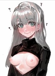Rule 34 | 1girl, ?, black sweater, blush, breasts, breasts out, closed mouth, clothing cutout, ear blush, green eyes, grey hair, highres, long hair, maido mido, nipples, original, simple background, smile, solo, sweat, sweater, upper body, white background