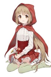Rule 34 | 1girl, brown eyes, cape, center frills, copyright request, flower, frilled skirt, frills, full body, highres, hood, hood up, hooded cape, light brown hair, long hair, long sleeves, looking at viewer, no shoes, parted lips, red cape, red skirt, shirt, shone, simple background, sitting, skirt, solo, thighhighs, very long hair, wariza, white background, white shirt