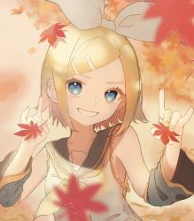 Rule 34 | 1girl, arm warmers, autumn, autumn leaves, bare shoulders, black collar, blonde hair, blue eyes, blurry, blurry background, blurry foreground, bow, collar, commentary, falling leaves, grin, hair bow, hair ornament, hairclip, holding, holding leaf, kagamine rin, leaf, looking at viewer, maple leaf, nail polish, neckerchief, sailor collar, shirt, short hair, smile, solo, swept bangs, treble clef, upper body, vocaloid, white bow, white shirt, yellow nails, yellow neckerchief, zarame (komayaba)
