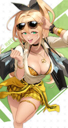 Rule 34 | 1girl, absurdres, adjusting eyewear, amesuku gyaru, animal print, bare legs, blonde hair, breasts, character name, choker, cleavage, collarbone, downblouse, earrings, eyewear on head, goddess of victory: nikke, gold, gold nails, green eyes, gyaru, hair between eyes, hair intakes, highres, hoop earrings, jewelry, kogal, large breasts, leopard print, long hair, looking at viewer, miniskirt, nagamich1, open mouth, partially unbuttoned, ponytail, rupee (nikke), scrunchie, skirt, smile, solo, standing, standing on one leg, sunglasses, thighlet, tongue, tongue out, wrist scrunchie