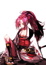 Rule 34 | 1girl, arc system works, baiken, breasts, cleavage, guilty gear, long hair, one-eyed, purple hair, simple background, solo, tima, white background