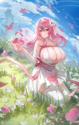 Rule 34 | 1girl, absurdres, alternate costume, azur lane, bare shoulders, blush, breasts, bremerton (azur lane), bug, butterfly, castle, cleavage, day, dress, flower, full body, garter straps, grass, highres, huge breasts, insect, kneeling, long hair, looking at viewer, outdoors, parted lips, red eyes, smile, solo, tansuan (ensj3875), thighhighs, veil, white dress, white garter straps, white thighhighs