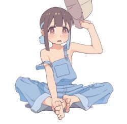 Rule 34 | 1girl, bare arms, bare shoulders, barefoot, baseball cap, blunt bangs, brown eyes, brown hair, butterfly sitting, collarbone, commentary, feet, flat chest, full body, hand on own foot, hands on feet, hat, highres, holding, holding clothes, holding hat, hozuki momiji, kuukyokurui, light blush, looking at viewer, multicolored hair, naked overalls, nipple slip, nipples, onii-chan wa oshimai!, open mouth, overalls, short hair, short ponytail, sidelocks, simple background, sitting, solo, strap slip, toes, two-tone hair, unworn hat, unworn headwear, white background