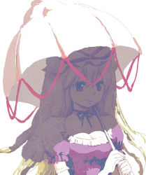 Rule 34 | 1girl, blonde hair, breasts, choker, cleavage, elbow gloves, female focus, gloves, hat, large breasts, lowres, parasol, poncho (poncho), solo, touhou, umbrella, yakumo yukari