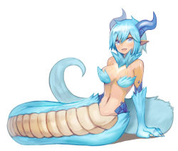 Rule 34 | 1girl, animal hands, bare shoulders, blue eyes, blue hair, blush, breasts, claws, cleavage, flora (mgl139), fluffy, full body, fur, fur collar, highres, horns, lamia, large breasts, looking at viewer, monster girl, navel, neck fur, original, parted lips, pointy ears, short hair, simple background, sitting, smile, solo, sookmo, tail, white background, yokozuwari