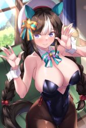 Rule 34 | 1girl, animal ears, bad id, bad pixiv id, bare shoulders, black leotard, blush, braid, breasts, brown hair, brown pantyhose, cleavage, closed mouth, covered erect nipples, detached collar, ear covers, from above, hands up, hat, highleg, highleg leotard, highres, hokko tarumae (umamusume), horse ears, horse girl, horse tail, large breasts, leotard, long hair, multicolored hair, pantyhose, playboy bunny, purple eyes, sailor hat, shirokuma a, smile, solo, streaked hair, tail, twin braids, two-tone bow, umamusume, wide hips, wrist cuffs