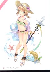 Rule 34 | 1girl, :d, absurdres, ball, bare shoulders, beachball, bell, bikini, blush, breasts, brown hair, brown hat, child, collarbone, flower, full body, green bikini, green eyes, hair between eyes, hat, hat flower, highres, holding, holding ball, holding polearm, holding spear, holding weapon, jingle bell, navel, off shoulder, open mouth, original, pink flower, plaid, plaid bikini, polearm, purple flower, sand castle, sand sculpture, sandals, scan, see-through, side-tie bikini bottom, small breasts, smile, solo, spear, standing, starfish, sun hat, swimsuit, transparent, trowel, twintails, wasabi (sekai), water, weapon, white background, white footwear