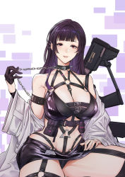 Rule 34 | 1girl, absurdres, bare shoulders, breasts, choker, cleavage, collar, curvy, dominatrix, earrings, gloves, goddess of victory: nikke, gothic lolita, gun, highres, jewelry, large breasts, lolita fashion, long hair, looking at viewer, mihara (nikke), panties, red eyes, revealing clothes, solo, squatting, thick thighs, thighs, underwear, weapon, yukimpoi