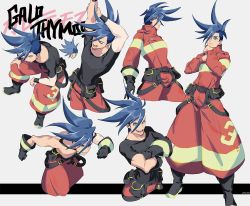 Rule 34 | 1boy, arm up, baggy pants, black gloves, blue eyes, blue hair, character name, coat, expressions, closed eyes, galo thymos, gloves, male focus, open mouth, ottonttn, pants, pectorals, promare, topless male, sitting, smile, spiked hair, stretching