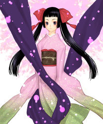 Rule 34 | 1girl, black hair, japanese clothes, kimono, long hair, obi, original, purple eyes, sakamoto mineji, sash, solo, twintails