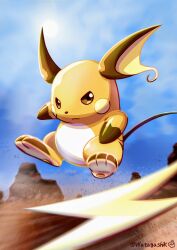 Rule 34 | absurdres, blue sky, brown eyes, closed mouth, cloud, commentary request, creatures (company), day, desert, dust, frown, full body, game freak, gen 1 pokemon, highres, motion blur, nintendo, no humans, outdoors, pokemon, pokemon (creature), raichu, serious, signature, sky, solo, sun, twitter username, watagashikn