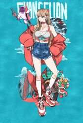 Rule 34 | 1girl, angel (evangelion), bare shoulders, bident, blue background, blue shorts, breasts, brown hair, choker, coat, coat partially removed, crop top, denim, denim shorts, full body, hair over shoulder, hand on own hip, headgear, highres, jewelry, lilith (evangelion), long hair, medium breasts, nail polish, necklace, neon genesis evangelion, plugsuit, polearm, red choker, red coat, red nails, shoes, short shorts, shorts, sneakers, socks, souryuu asuka langley, standing, takeuchi ryousuke, weapon, white socks