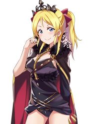 Rule 34 | 1girl, arm behind back, ayase eli, black leotard, black sleeves, blonde hair, blue eyes, blush, bow, breasts, bunbun (midukikome), cape, cleavage, cosplay, cowboy shot, detached sleeves, diadem, ereshkigal (fate), ereshkigal (fate) (cosplay), fate/grand order, fate (series), fur-trimmed cape, fur trim, hair bow, highres, leotard, long hair, long sleeves, looking at viewer, love live!, medium breasts, parted bangs, red bow, red cape, simple background, single sleeve, smile, solo, standing, twintails, white background