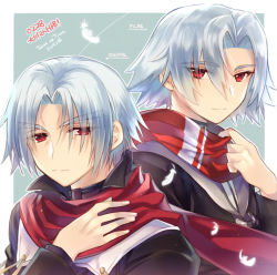 Rule 34 | 1boy, aquaplus, arawn, arm up, closed mouth, eyes visible through hair, feathers, hair over one eye, looking at viewer, multiple views, red eyes, red scarf, scarf, short hair, sidelocks, tears to tiara, translation request, upper body, white hair, yami nabe23