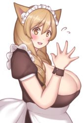 Rule 34 | 1girl, animal, animal ears, bad id, bad pixiv id, blush, braid, breasts, brown eyes, brown hair, cleavage, cuffs, fangs, female focus, fox ears, huge breasts, large breasts, long hair, looking at viewer, maid, maid headdress, mogu (kanikama mgmg), open mouth, original, own hands together, plump, smile, solo, sweatdrop, twintails, upper body