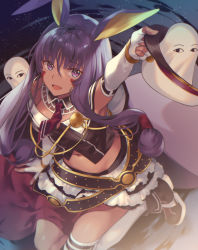 Rule 34 | 1girl, alternate costume, animal ears, bare shoulders, black shirt, breasts, commentary request, dark-skinned female, dark skin, earrings, elbow gloves, facial mark, fake animal ears, fate/grand order, fate (series), fingerless gloves, frilled skirt, frills, gloves, hat, highres, hipo, holding, holding clothes, holding hat, hoop earrings, jackal ears, jewelry, long hair, looking at viewer, lostroom outfit (fate), low-tied long hair, medjed (fate), military hat, miniskirt, navel, necktie, nitocris (fate), nitocris (lostroom outfit) (fate), official alternate costume, open mouth, peaked cap, purple eyes, purple hair, red neckwear, removing hat, shirt, sitting, skirt, smile, white gloves, white skirt