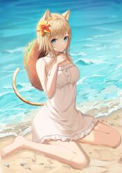 Rule 34 | 1girl, absurdres, animal ears, aqua eyes, bare shoulders, barefoot, beach, blonde hair, blush, breasts, cat ears, cat tail, closed mouth, commentary request, day, dress, eyelashes, feet, flippy (cripine111), flower, frilled dress, frills, hair flower, hair ornament, hat, unworn headwear, highres, large breasts, legs, looking at viewer, medium hair, nail polish, on ground, original, outdoors, shadow, sidelocks, sitting, smile, solo, straw hat, sundress, swept bangs, tail, thighs, toenail polish, toenails, toes, water, white dress