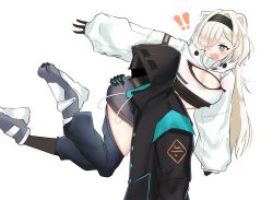 Rule 34 | 1girl, 1other, abineko, animal ears, arknights, aurora (arknights), bear ears, black gloves, blue eyes, blush, breasts, carrying, carrying person, cleavage, doctor (arknights), gloves, hair over one eye, hairband, helmet, highres, hood, hooded jacket, jacket, long hair, open mouth, simple background, white background, white hair