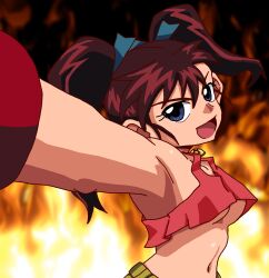 Rule 34 | 1girl, armpits, bakusou kyoudai let&#039;s &amp; go!!, bakusou kyoudai let&#039;s &amp; go!! max, blue eyes, breasts, brown hair, fire, hair ribbon, highres, jewelry, looking at viewer, medium breasts, midriff, navel, necklace, no bra, oogami marina, open mouth, outstretched arm, ribbon, short shorts, shorts, smile, solo, tank top, twintails, underboob