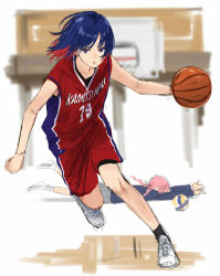 Rule 34 | 2girls, ball, basketball, basketball (object), basketball jersey, basketball uniform, black socks, blazer, blue eyes, blue hair, blue jacket, braid, collarbone, colored inner hair, commentary, copyright name, faceplant, floating hair, grey skirt, highres, holding, holding ball, isshiki (ffmania7), jacket, kaf (kamitsubaki studio), kamitsubaki studio, long hair, looking ahead, medium hair, multicolored eyes, multicolored hair, multiple girls, open mouth, outstretched arms, pink hair, pleated skirt, red eyes, red hair, red shirt, red shorts, rim (kamitsubaki studio), running, school uniform, serious, shirt, shoes, shorts, sketch, skirt, sleeveless, sleeveless shirt, sneakers, socks, solo focus, sportswear, standing, standing on one leg, symbol-only commentary, tripping, twin braids, virtual youtuber, volleyball (object), white footwear, yellow pupils