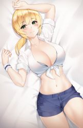Rule 34 | 1girl, arm up, bed sheet, blonde hair, blue bra, blue shorts, bra, bra peek, breasts, cleavage, collarbone, collared shirt, commission, crop top, dungeon and fighter, front-tie top, green eyes, hand up, highres, large breasts, long hair, looking at viewer, low ponytail, lying, maemi (maemi12), midriff, navel, on back, on bed, shirt, short shorts, short sleeves, shorts, sidelocks, solo, stomach, thighs, underwear, white shirt, wristband
