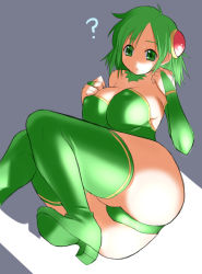 Rule 34 | 1990s (style), 1girl, ?, ass, boots, breasts, bridal gauntlets, cleavage, final fantasy, final fantasy iv, green eyes, green footwear, green hair, hair ornament, high heel boots, high heels, large breasts, leotard, matching hair/eyes, nagase haruhito, rydia (ff4), solo, thigh boots, thighhighs