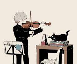 Rule 34 | 1boy, avogado6, black cat, black pants, black shirt, book, bow (music), cat, chair, closed eyes, collared shirt, colored skin, commentary request, desk, dress shirt, eraser, grey hair, holding, holding instrument, holding violin, instrument, long sleeves, male focus, metronome, music, music stand, original, pants, parted lips, pencil, playing instrument, profile, sheet music, shirt, short hair, simple background, smile, solo, standing, violin, white background, white skin, wing collar