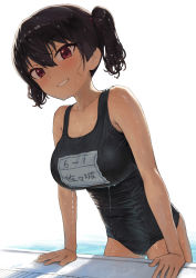Rule 34 | 1girl, backlighting, black hair, black one-piece swimsuit, breasts, cleavage, clenched teeth, collarbone, colored eyelashes, commentary request, gaki kyonyuu, hair between eyes, highres, kaedeko (kaedelic), large breasts, looking at viewer, old school swimsuit, one-piece swimsuit, oppai loli, pool, red eyes, sasaki kanna (kaedeko), school swimsuit, short hair, simple background, smile, solo, swimsuit, teeth, twintails, water, wet, wet clothes, wet hair, wet swimsuit, white background