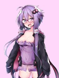 Rule 34 | 1girl, ahoge, bespectacled, black jacket, breasts, chipa (arutana), cleavage, collarbone, commentary request, covered navel, cowboy shot, crying, crying with eyes open, detached sleeves, dress, embarrassed, frilled dress, frills, glasses, gluteal fold, groin, hair between eyes, hair ornament, highres, jacket, long sleeves, looking away, medium breasts, microphone, no panties, open clothes, open jacket, open mouth, purple-framed eyewear, purple dress, purple eyes, purple hair, purple thighhighs, see-through, short hair with long locks, simple background, sleeves past fingers, sleeves past wrists, solo, standing, strap slip, tearing up, tears, thighhighs, vocaloid, voiceroid, wavy mouth, white background, yuzuki yukari