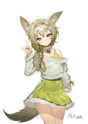 Rule 34 | 1girl, absurdres, arknights, beanstalk (arknights), beanstalk (gift uncompleted) (arknights), bell, braid, brown eyes, brown hair, dress, green dress, highres, hyena ears, hyena tail, maxp yuanhang, multicolored nails, nail polish, neck bell, off-shoulder sweater, off shoulder, side braid, signature, simple background, smile, sweater, white background