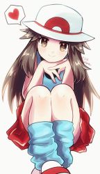 Rule 34 | 1girl, blue legwear, blue shirt, brown eyes, brown hair, bucket hat, closed mouth, commentary, creatures (company), game freak, hair flaps, hat, heart, highres, knees, leaf (pokemon), legs together, long hair, loose socks, nintendo, own hands together, pleated skirt, pokemon, pokemon frlg, red skirt, sheyona, shirt, shoes, skirt, sleeveless, sleeveless shirt, smile, socks, solo, spoken heart, symbol-only commentary, twitter username, white footwear, white hat