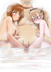 Rule 34 | 1boy, 2girls, absurdres, age difference, blush, breasts, brown eyes, brown hair, cooperative handjob, erection, facial hair, fat, fat man, ffm threesome, girls und panzer, grabbing, grabbing another&#039;s breast, group sex, handjob, head out of frame, hetero, highres, large breasts, looking at penis, mochi (mochiokomet), multiple girls, mustache, nipple stimulation, nipple tweak, nipples, nishizumi miho, nude, old, old man, partially submerged, penis, shimada arisu, sideways glance, sweat, threesome, water, wet, white background