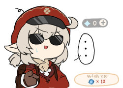 Rule 34 | ..., 1girl, :d, ahoge, backpack, bag, brown gloves, cabbie hat, chibi, commentary request, dress, gameplay mechanics, genshin impact, gloves, grey hair, hair between eyes, hat, klee (genshin impact), long hair, long sleeves, low twintails, nyaru (nyaru 4126), open mouth, pointy ears, red dress, red hat, simple background, smile, solo, spoken ellipsis, sunglasses, sweat, twintails, upper body, v-shaped eyebrows, white background