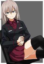 Rule 34 | 1girl, black jacket, black thighhighs, blue eyes, chair, closed mouth, commentary, dress shirt, from side, girls und panzer, grey background, half-closed eyes, highres, insignia, itsumi erika, jacket, knee up, kuromorimine military uniform, long sleeves, looking at viewer, medium hair, military, military uniform, miniskirt, natsume mina, office chair, outside border, pleated skirt, red shirt, red skirt, shirt, silver hair, sitting, skirt, smile, solo, swivel chair, thighhighs, uniform, wing collar