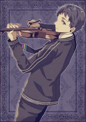 Rule 34 | 1boy, black hair, black jacket, black necktie, black pants, blue eyes, bow (music), closed mouth, collared shirt, commentary request, dutch angle, haniwa kyoya, highres, holding, holding instrument, holding violin, instrument, jacket, looking at viewer, male focus, messy hair, music, necktie, nijisanji, open clothes, open jacket, ornate, outline, pants, playing instrument, school uniform, seraph dazzlegarden, shirt, smile, solo, violin, virtual talent academy, virtual talent academy uniform, virtual youtuber, white outline, white shirt