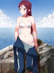 Rule 34 | 1girl, bikini, bodysuit, breasts, brown eyes, closed mouth, collarbone, commentary, day, diving suit, half updo, highres, long hair, looking at viewer, love live!, love live! sunshine!!, navel, ocean, outdoors, pursed lips, red hair, rock, sakurauchi riko, side-tie bikini bottom, sideways glance, single bang, sitting, small breasts, solo, supra is black (altea), swimsuit, undressing, wetsuit, white bikini
